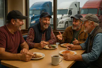 LKW Fahrer sitzen an einem Tisch, essen und Unterhalten sich