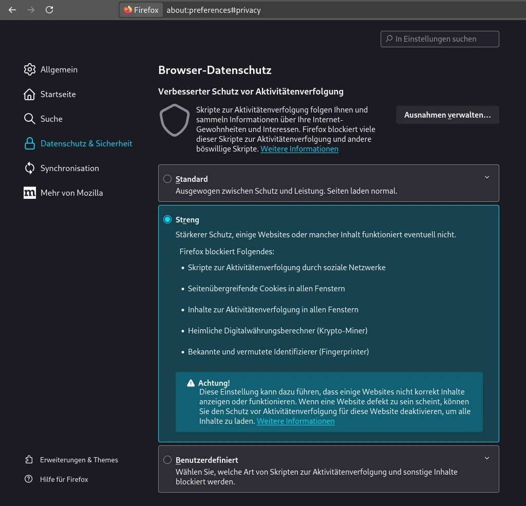 Browser Datenschutzeinstellungen