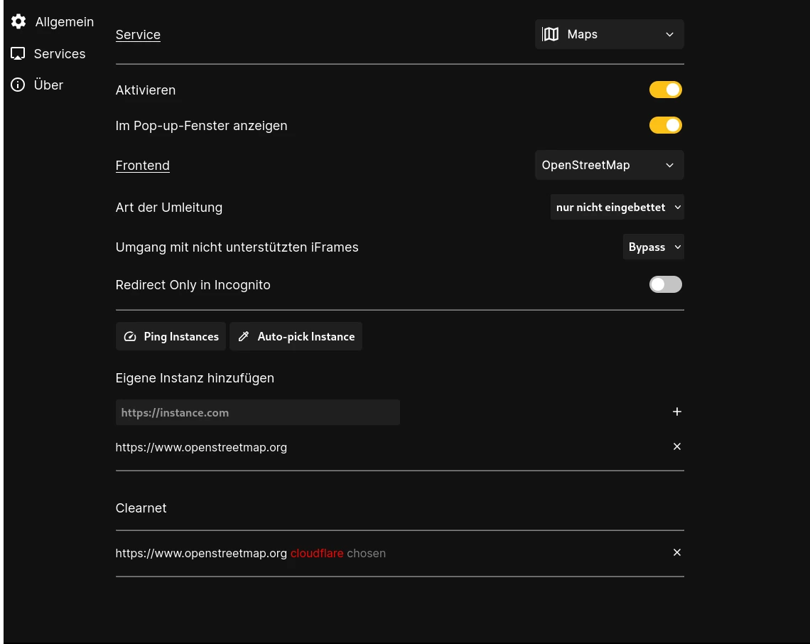 LibreRedirect Einstellungen