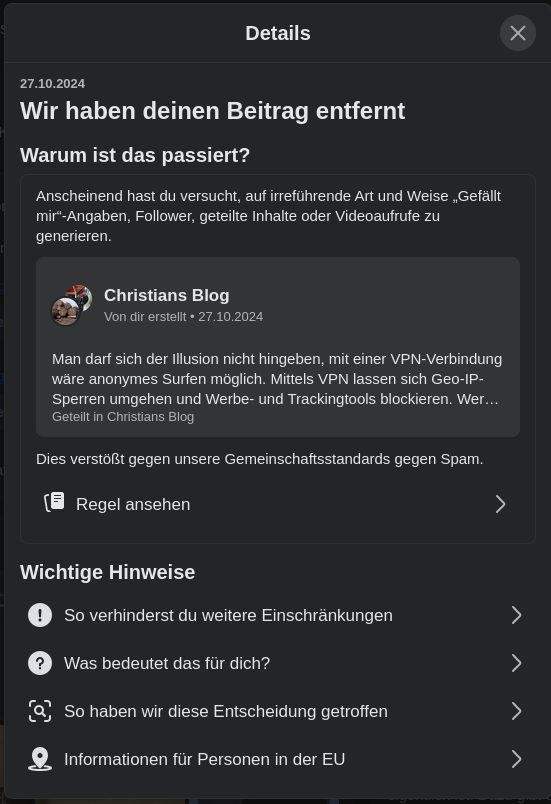 Facebook löscht meine Beiträge