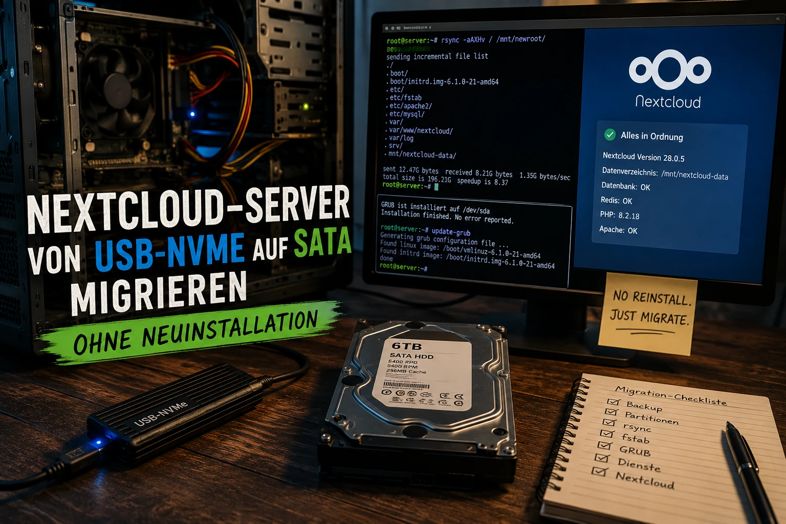 Featured image of post Nextcloud-Server von einer USB-NVMe auf eine interne SATA-Festplatte migrieren – ohne Neuinstallation